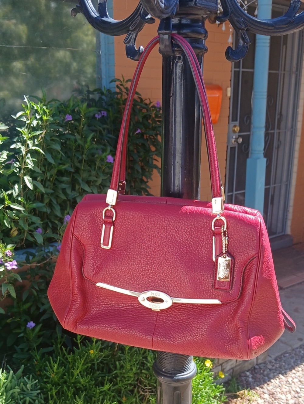 Coach Red Pebbled Leather Shoulder Bag with Gold Hardware